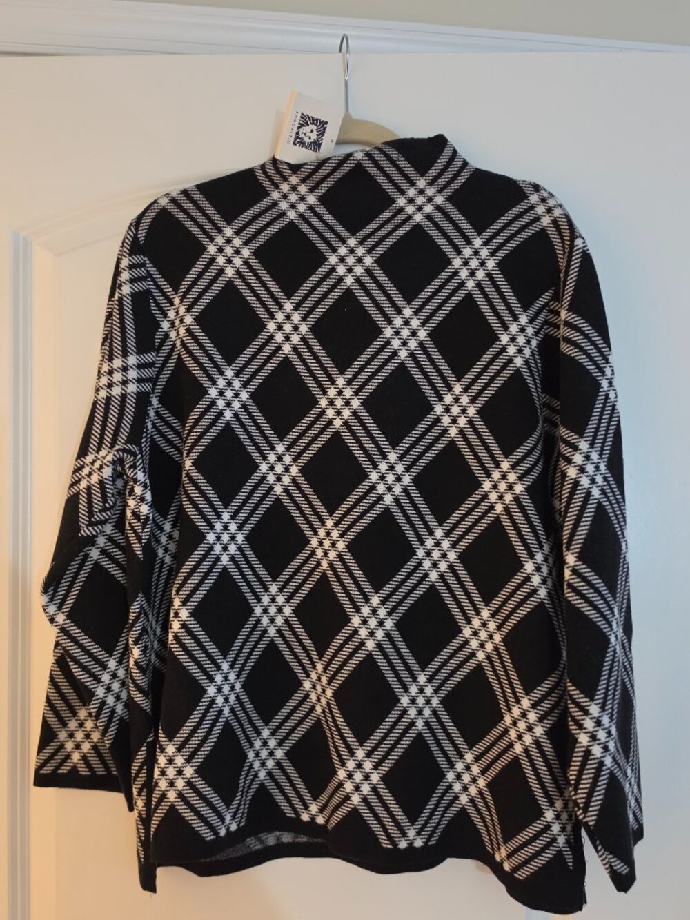 Anne Klein Black & White Diamond Print Mock Neck Sweater Size XL